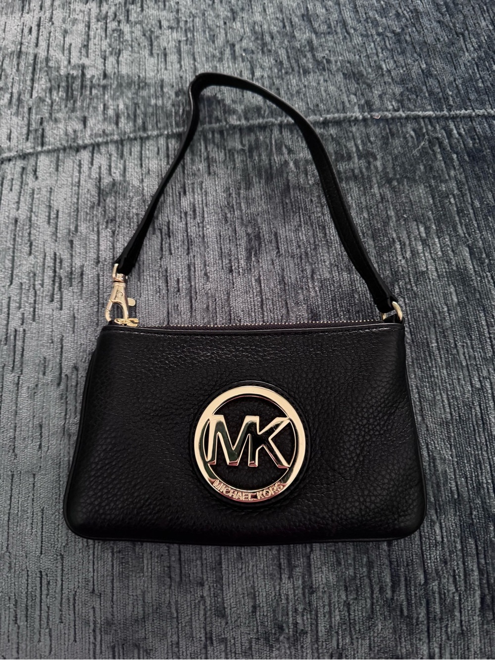 Michael Kors Black Leather Wristlet with Gold MK Emblem